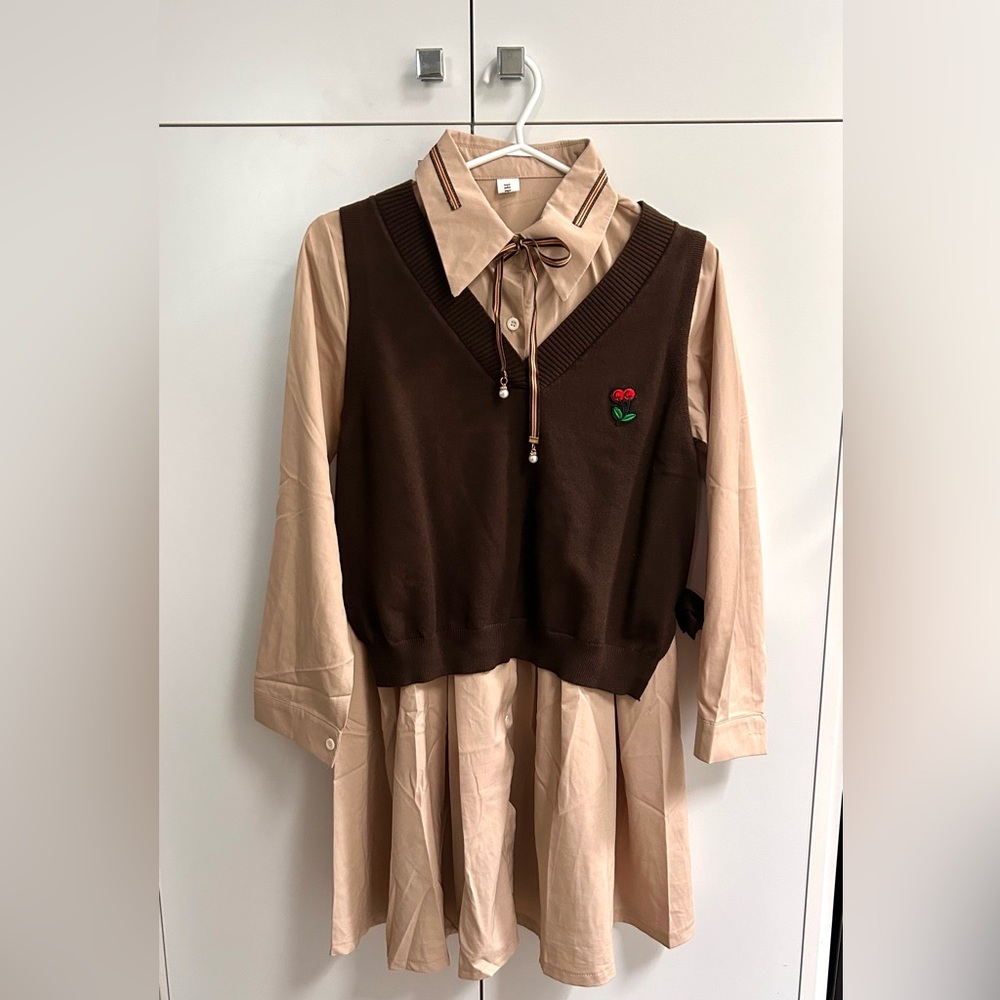 Women’s 2 Piece Collar Button-Up Pleated Dress and Sweater Vest
